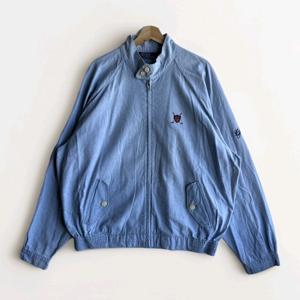 VTG Polo Ralph Lauren Men’s XL Harrington Bomber Light Blue Denim Jean Jacket